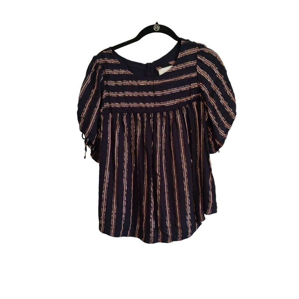 By Anthropologie Cameron Metallic Stripe Babydoll Blouse Navy/Rose Gold Medium